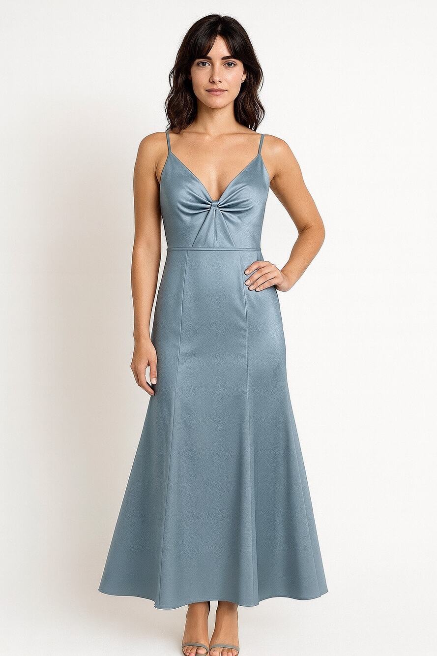 2000s Morilee Madeline Gardner Slate Blue Satin Formal Gown medium